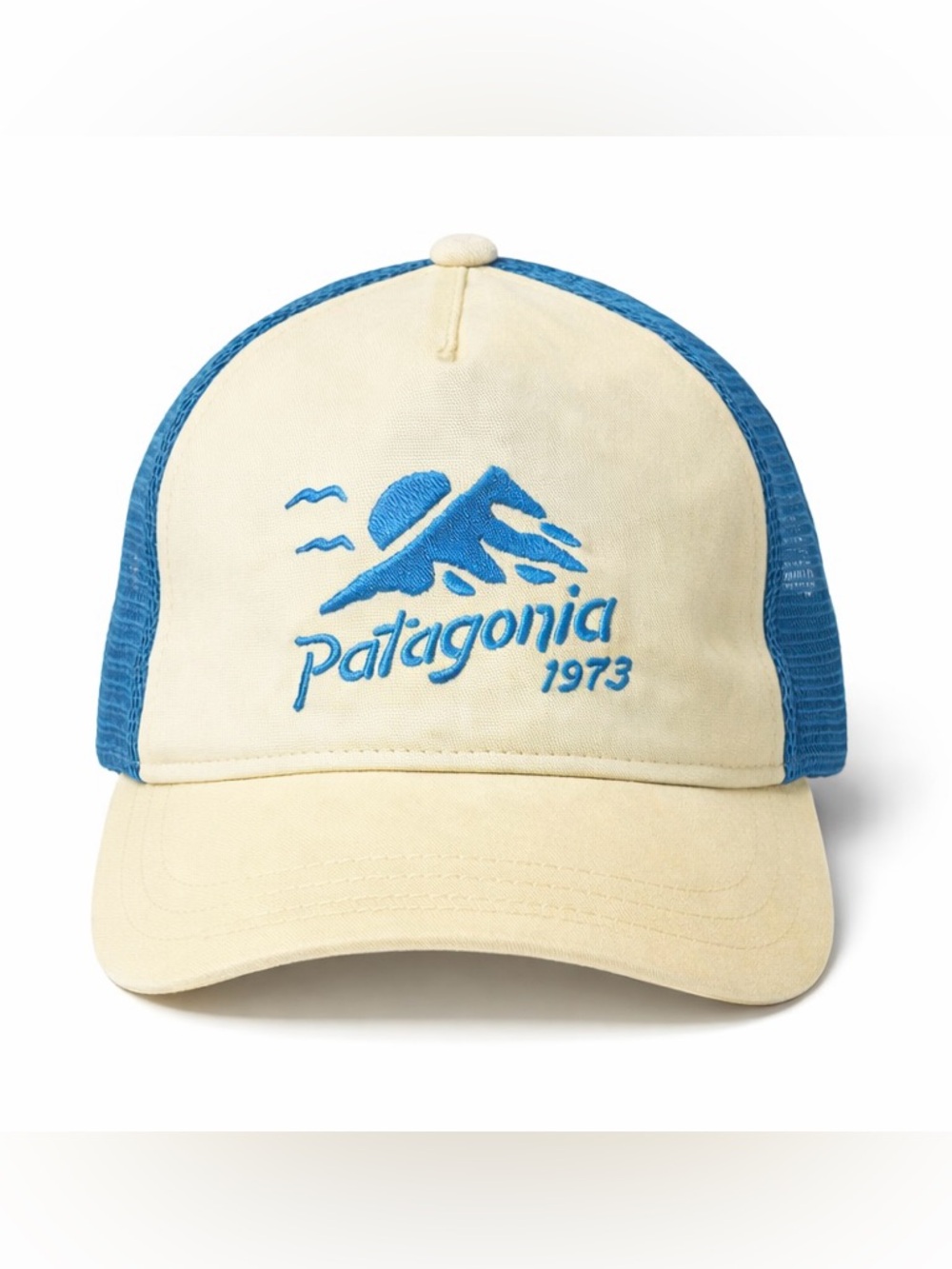 Patagonia 1973 Trucker Snapback Meshback Hat Cap Yellow Blue Hiking Mountains